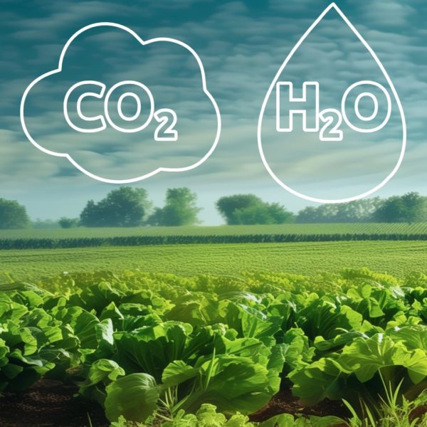 bepflanzter Acker und ein CO2- und ein Wassersymbol darüber